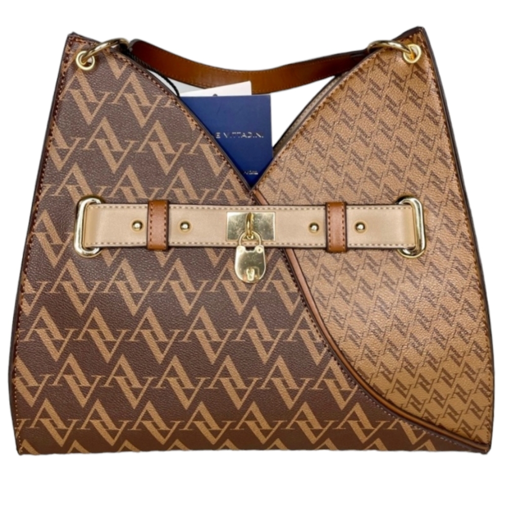 ADRIENNE VITTADINI SERAFINA SIGNATURE 4 POSTER SATCHEL COLOR BROWN   NWT